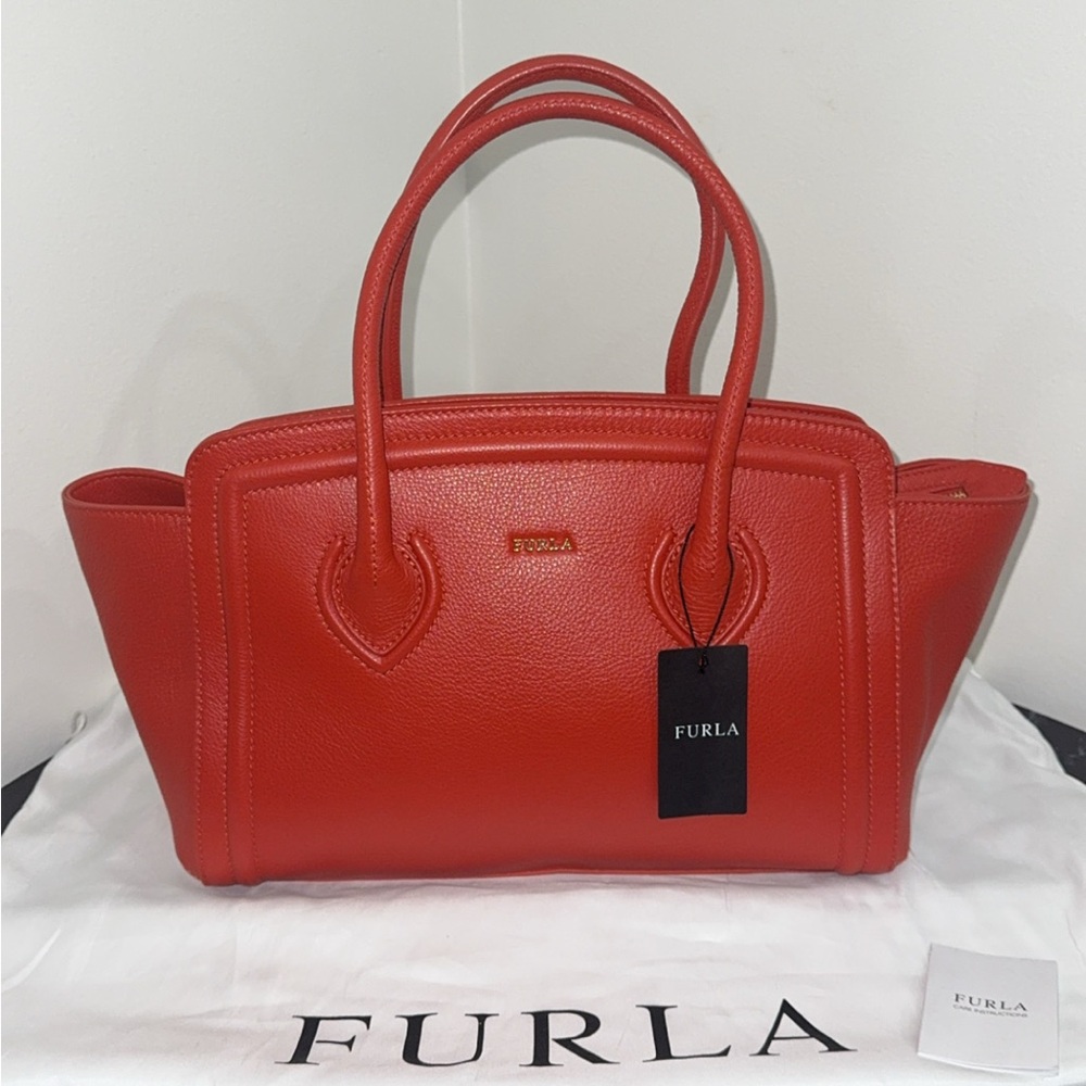 FURLA Hot Red Women's Large Handbag High Quality Leather Tote 100% AUTHENTIC NEW - Picture 1 of 11